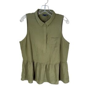 American Eagle Outfitters Flounce Hem Sleeveless Top Collared Snaps Army Green L
